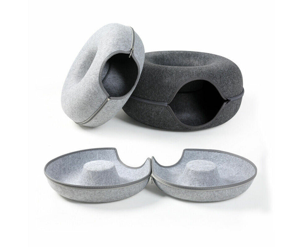 Cat Tunnel Bed Felt Pet Puppy Nest Cave House round Donut Interactive Play Toy - Large Grey