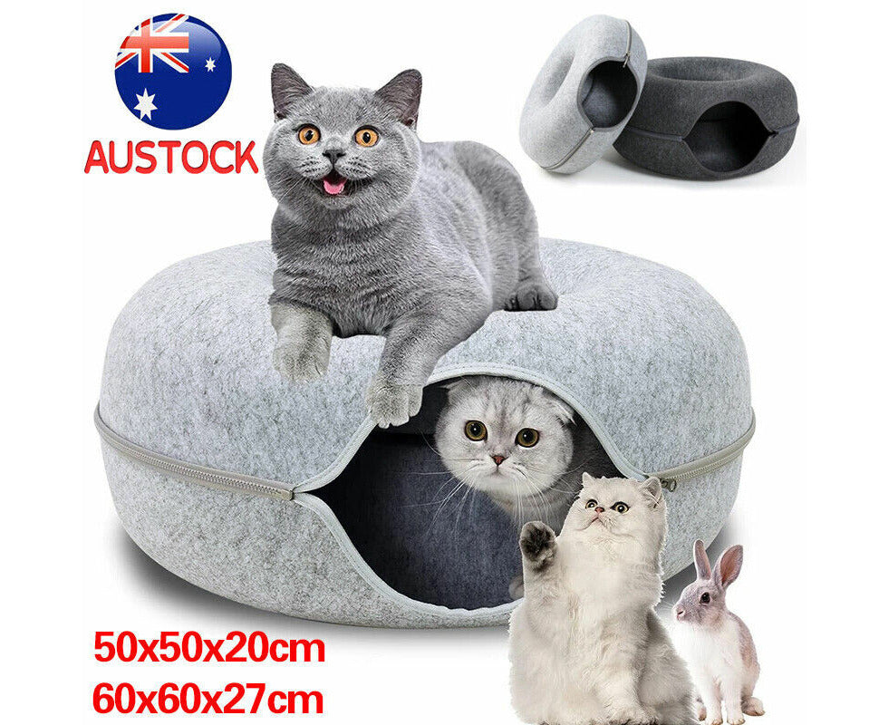 Cat Tunnel Bed Felt Pet Puppy Nest Cave House round Donut Interactive Play Toy - Large Grey