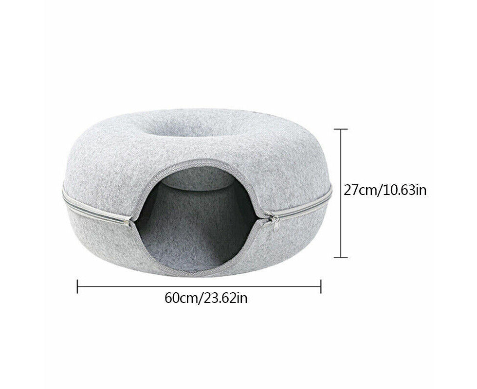 Cat Tunnel Bed Felt Pet Puppy Nest Cave House round Donut Interactive Play Toy - Large Grey