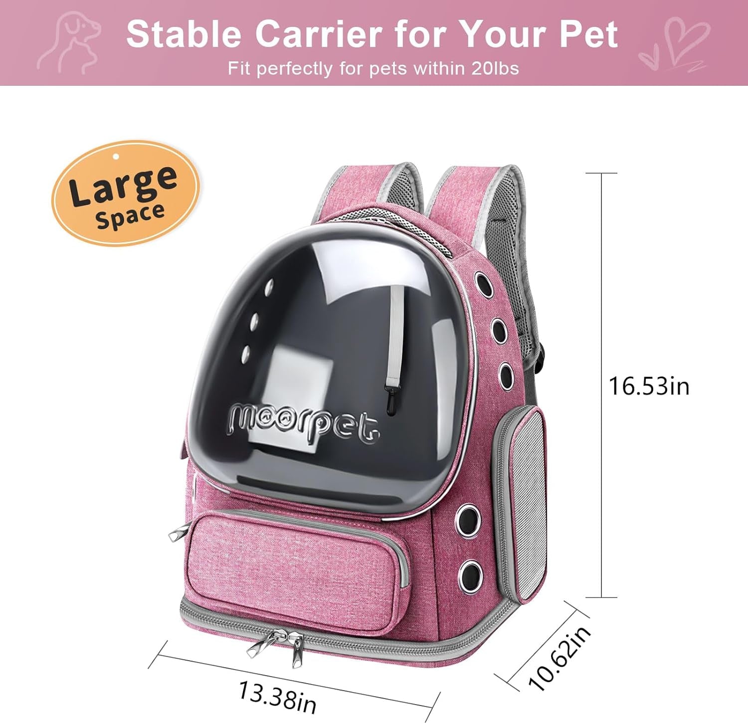 Foldable Cat Carrier Backpack, Breathable Bubble Design, Transparent, Airline Approved, up to 20 Lbs (Pink)