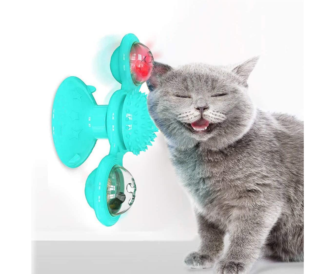 Interactive Cat Catnip Toy, for Indoor Cats, Windmill Catnip Toy ,Cat Toothbrush Toy with Suction Cup -Blue