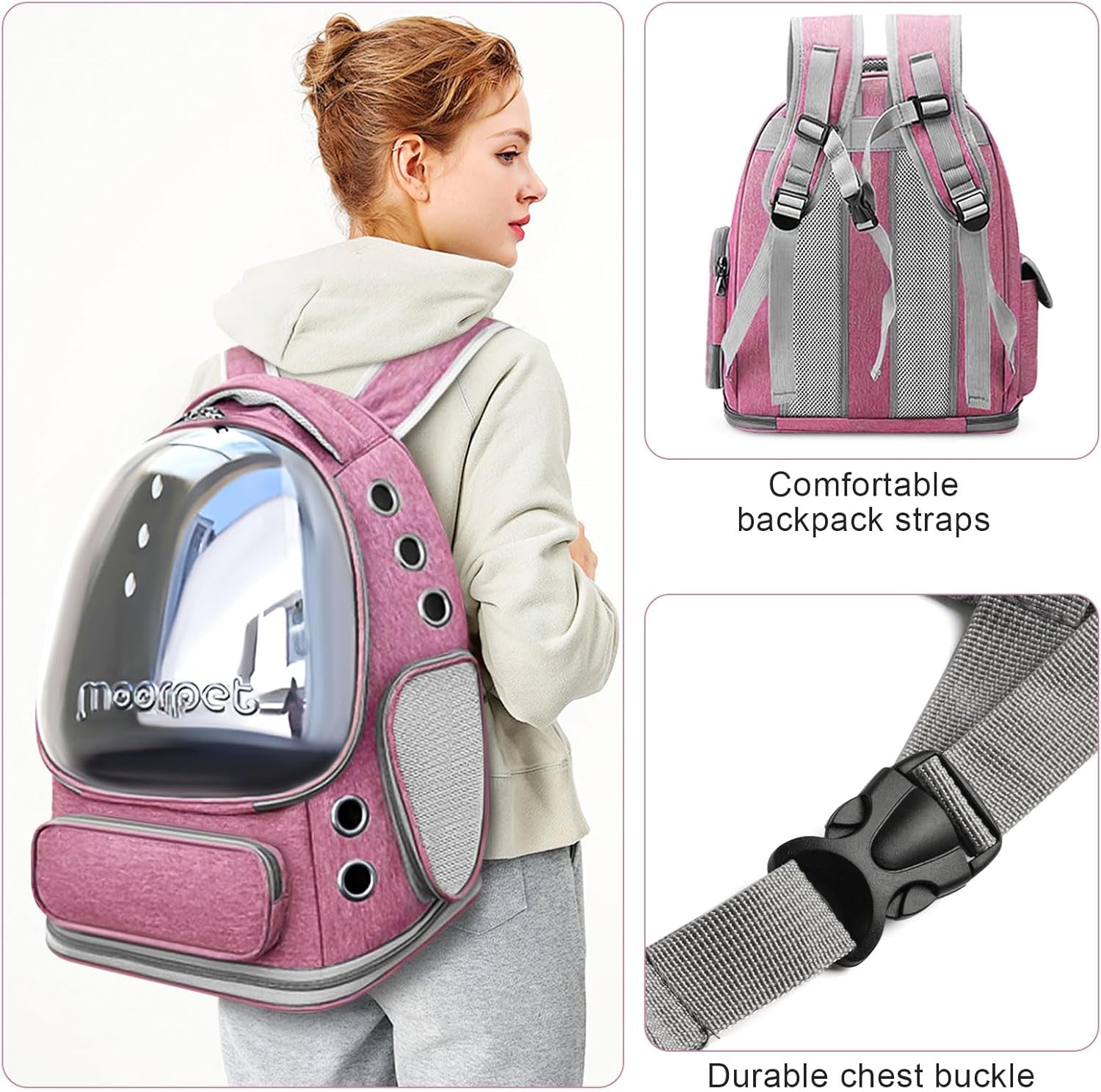 Foldable Cat Carrier Backpack, Breathable Bubble Design, Transparent, Airline Approved, up to 20 Lbs (Pink)
