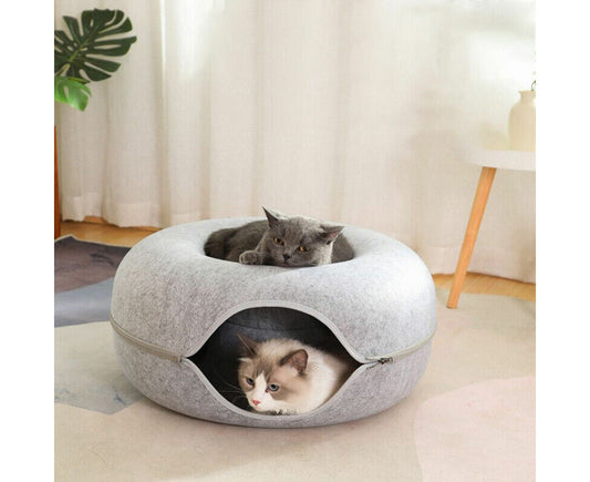 Cat Tunnel Bed Felt Pet Puppy Nest Cave House round Donut Interactive Play Toy - Large Grey