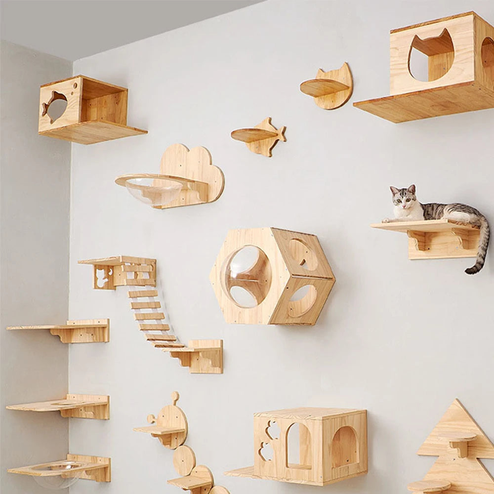 Cat Hammock Wall Mounted Wooden Furniture Scratcher Kitty Beds Perches Stable Cats Wall Shelves for Sleeping Playing Climbing