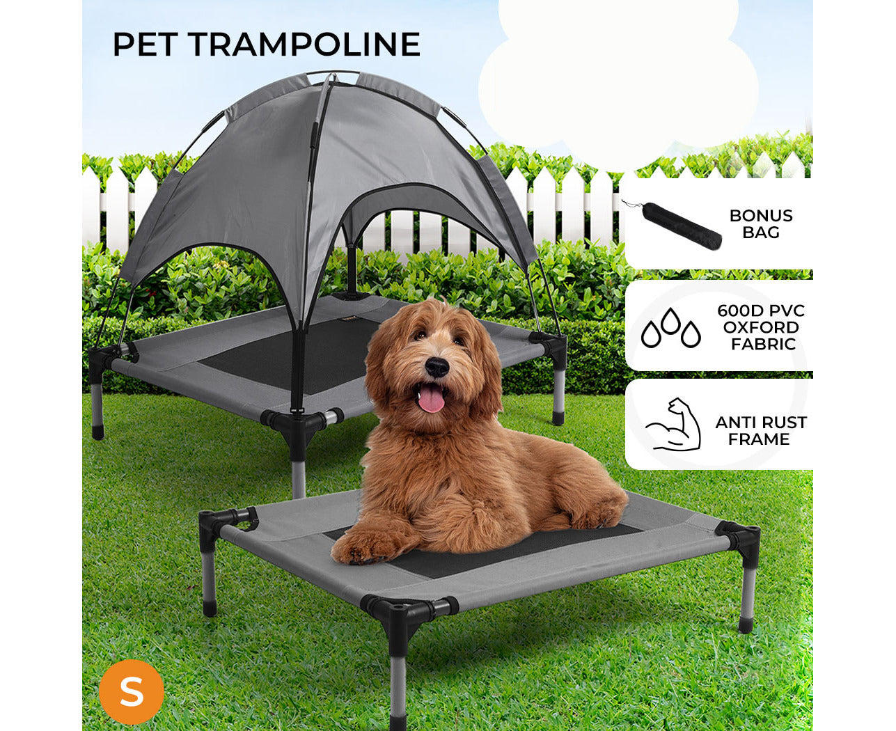 Dog Trampoline Bed Cat Elevated Hammock with Canopy Raised S Size