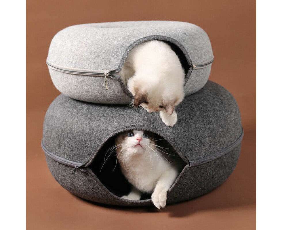 Cat Tunnel Bed Felt Pet Puppy Nest Cave House round Donut Interactive Play Toy - Large Grey